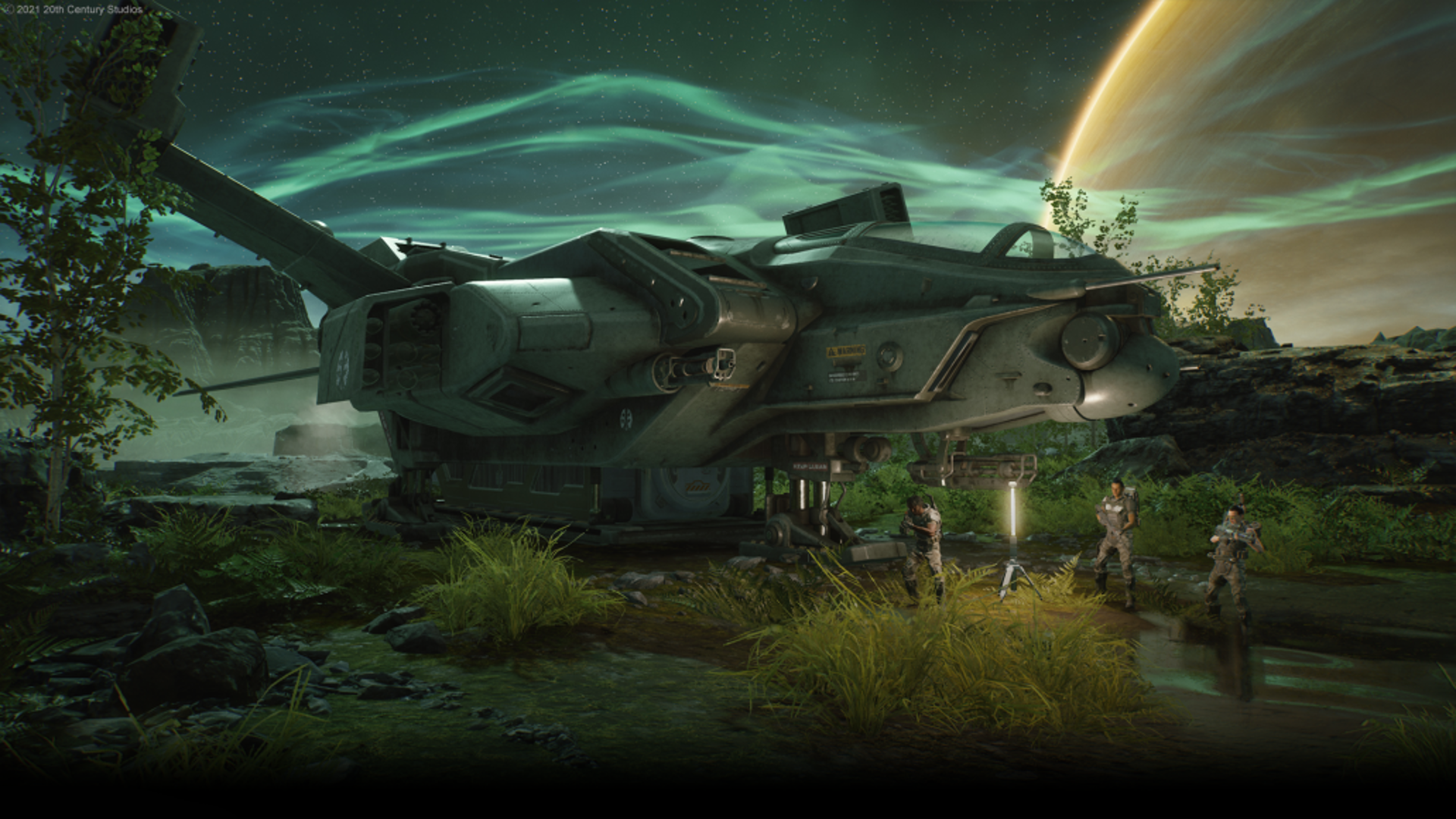 Marines gather around a drop ship on the surface of a planet.n