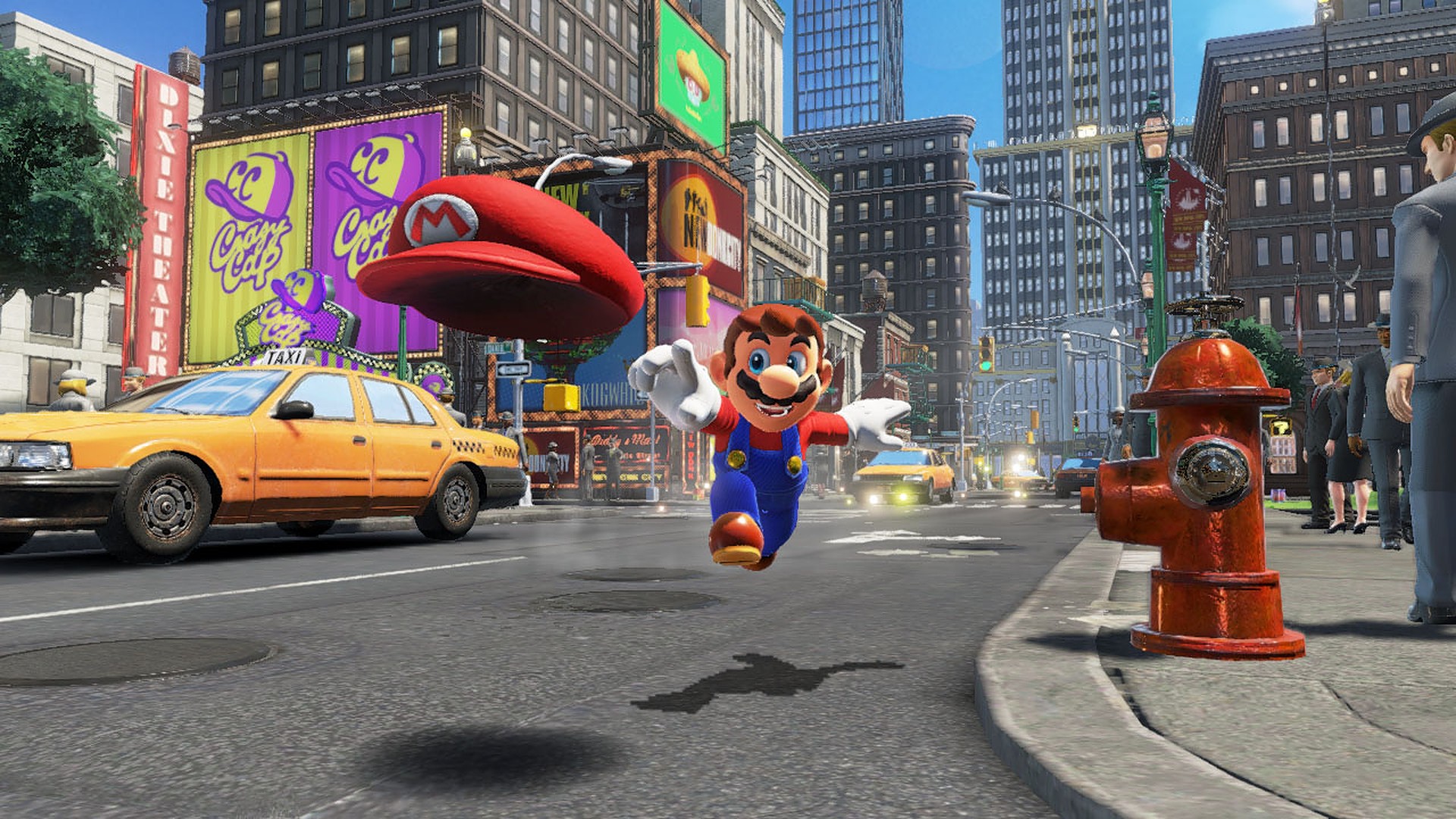 Mario throws his hat in the Metro Kingdom in Super Mario Odyssey.