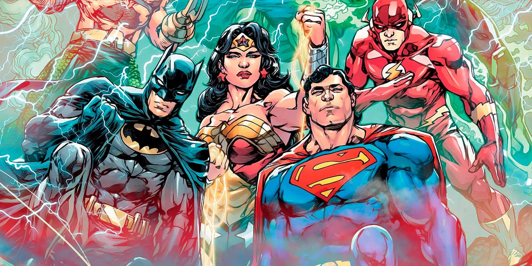DC superheroes including Batman, Wonder Woman, Superman, and The Flash.