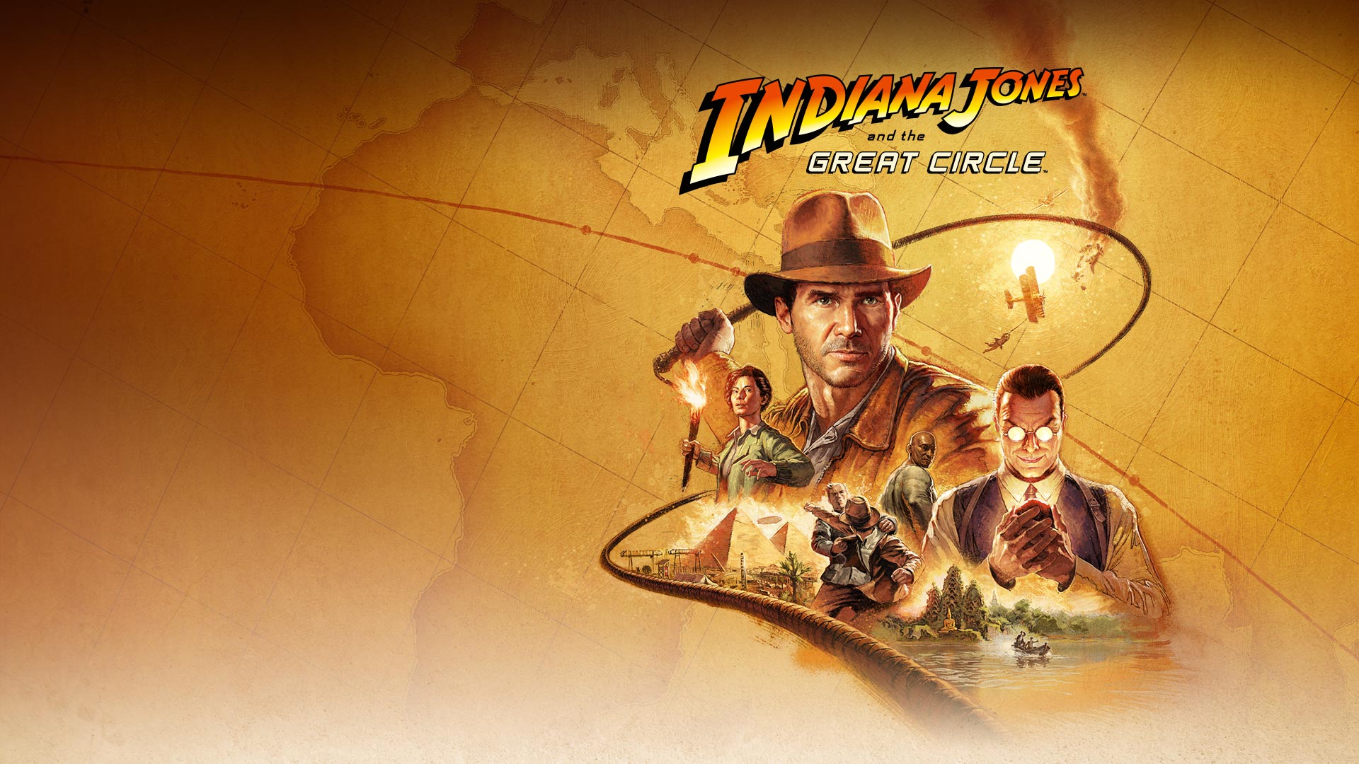 Indiana Jones holds his whip while overlooking other characters in the game.