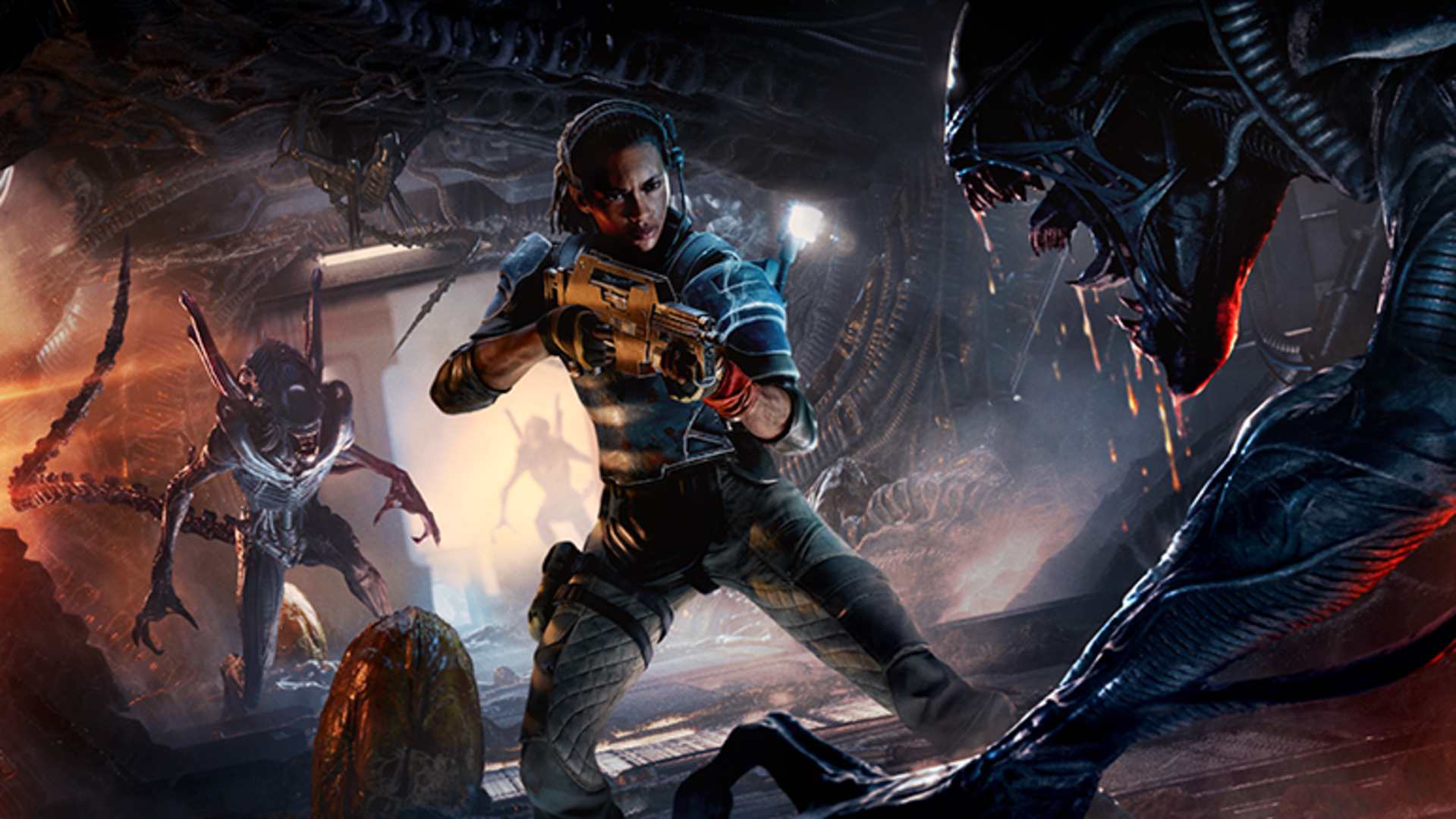 Zula Hendricks holds a pulse rifle as xenomorphs attack.