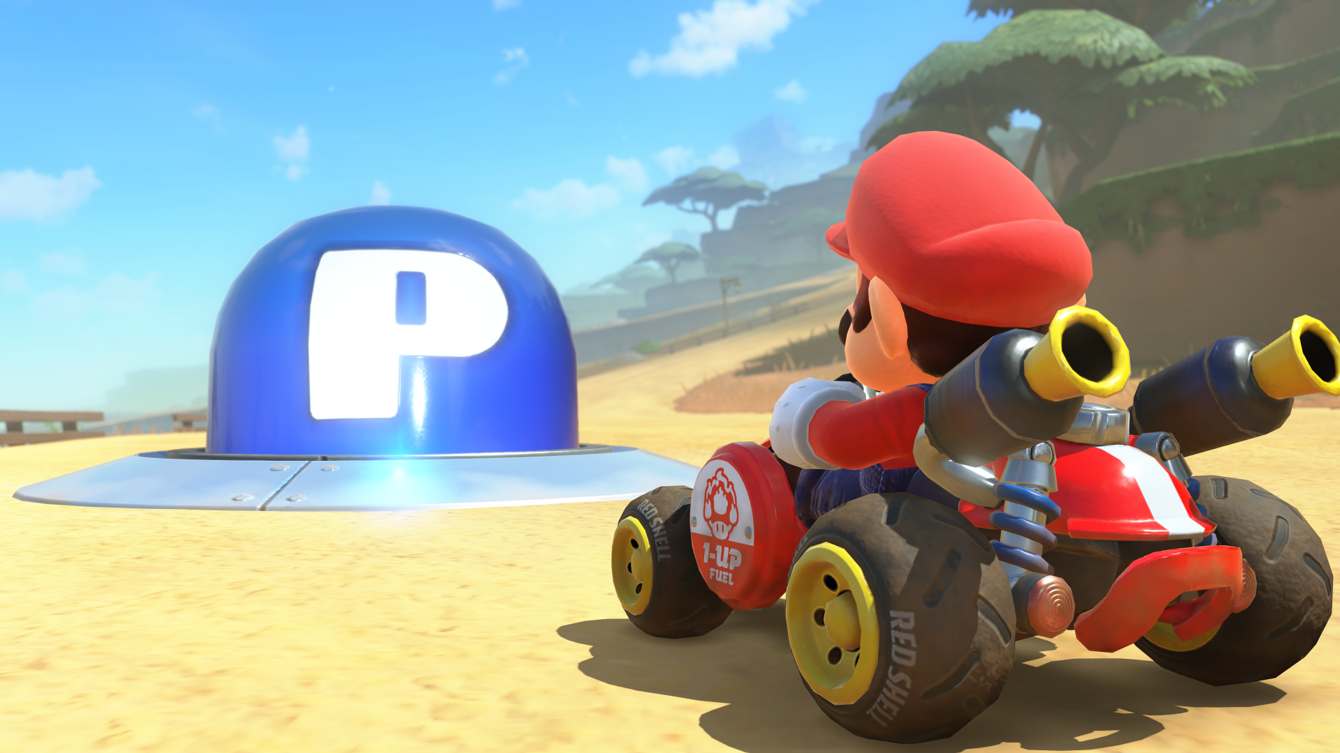 Mario approaches a P Block while driving a kart.