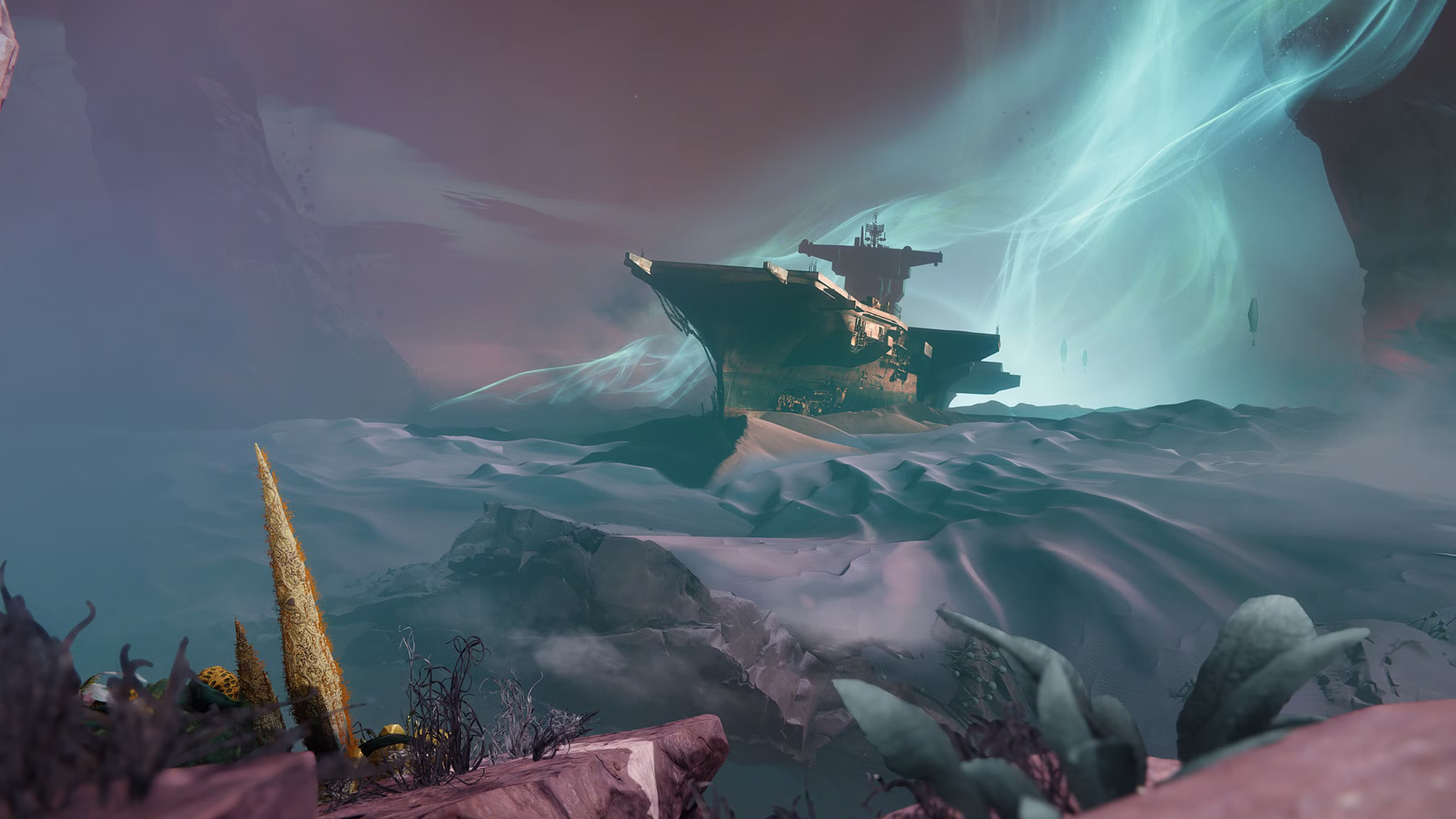 A mystical landscape from the game Destiny 2, featuring a shipwreck partially buried in sandy terrain, surrounded by ethereal light and strange vegetation.