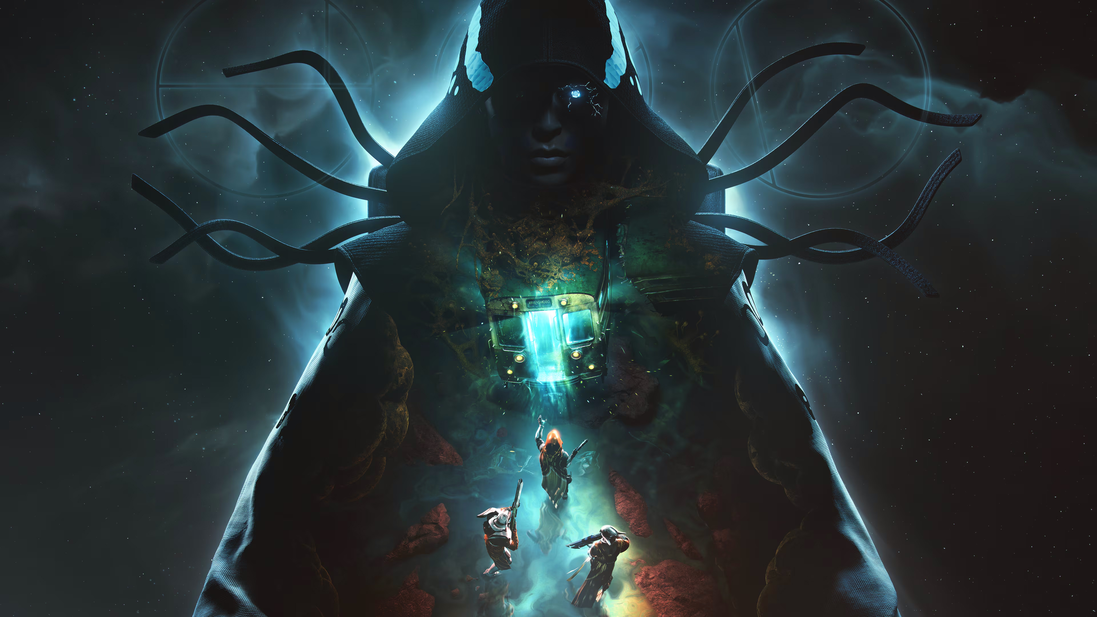 Artwork for the Destiny 2 expansion 'The Edge of Fate', featuring a cloaked figure with glowing elements, set against a cosmic backdrop.