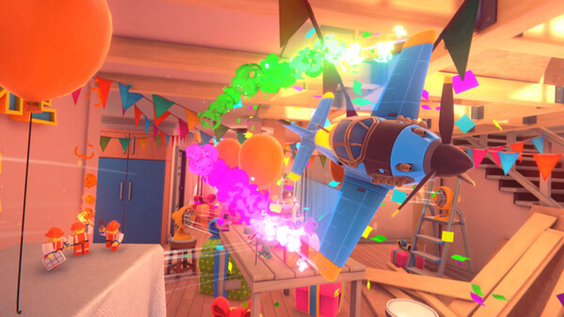 A toy cartoon prop plane flies around a house.