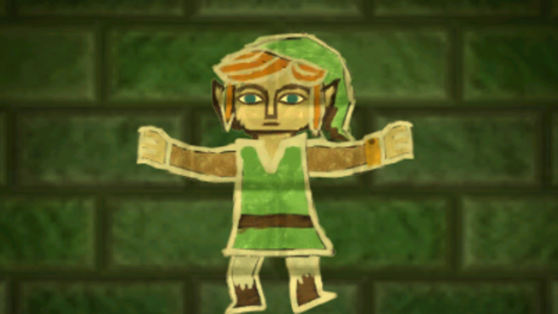 An image of Link against a green brick wall.