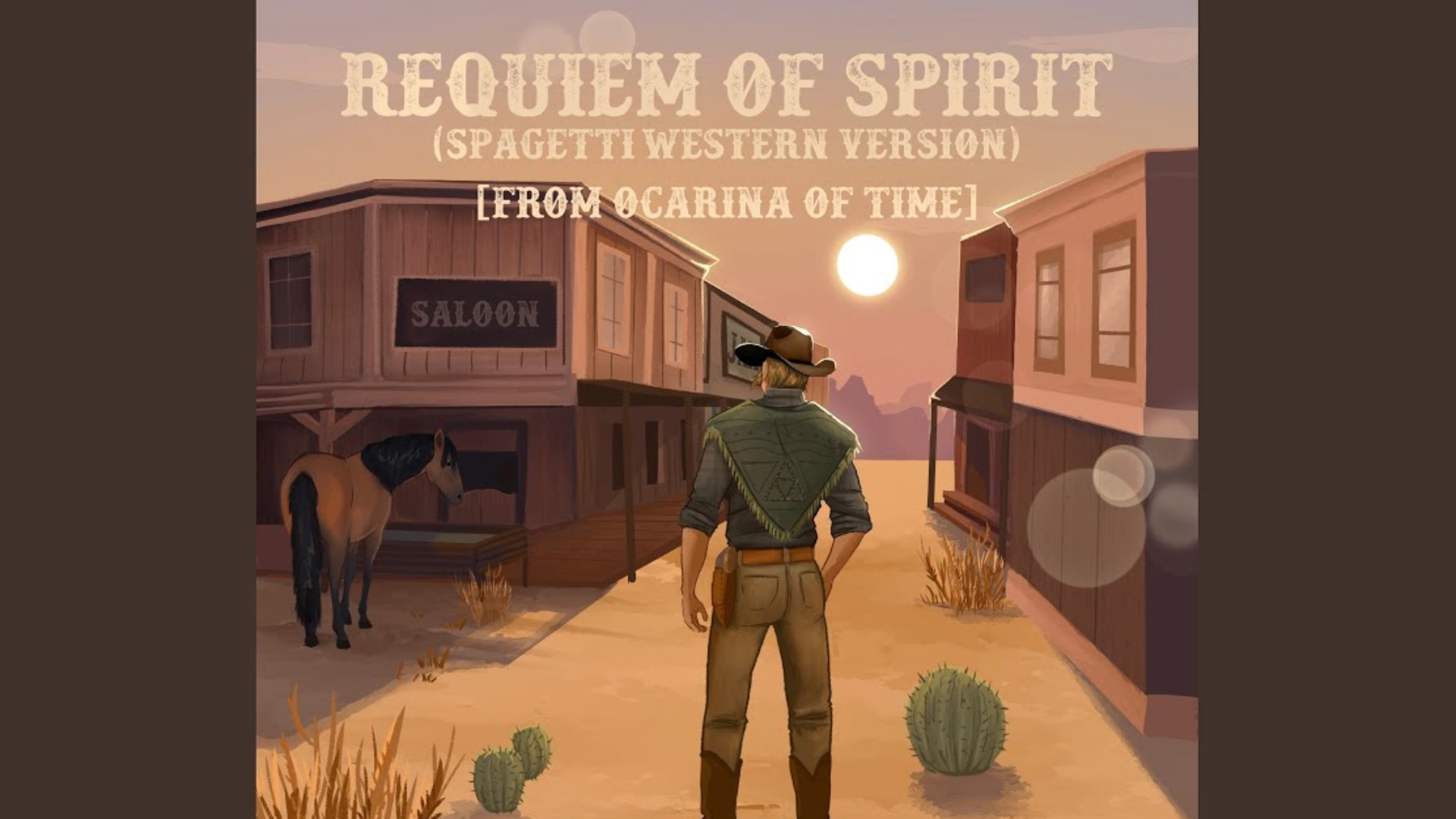 A cowboy stands in an old western town.